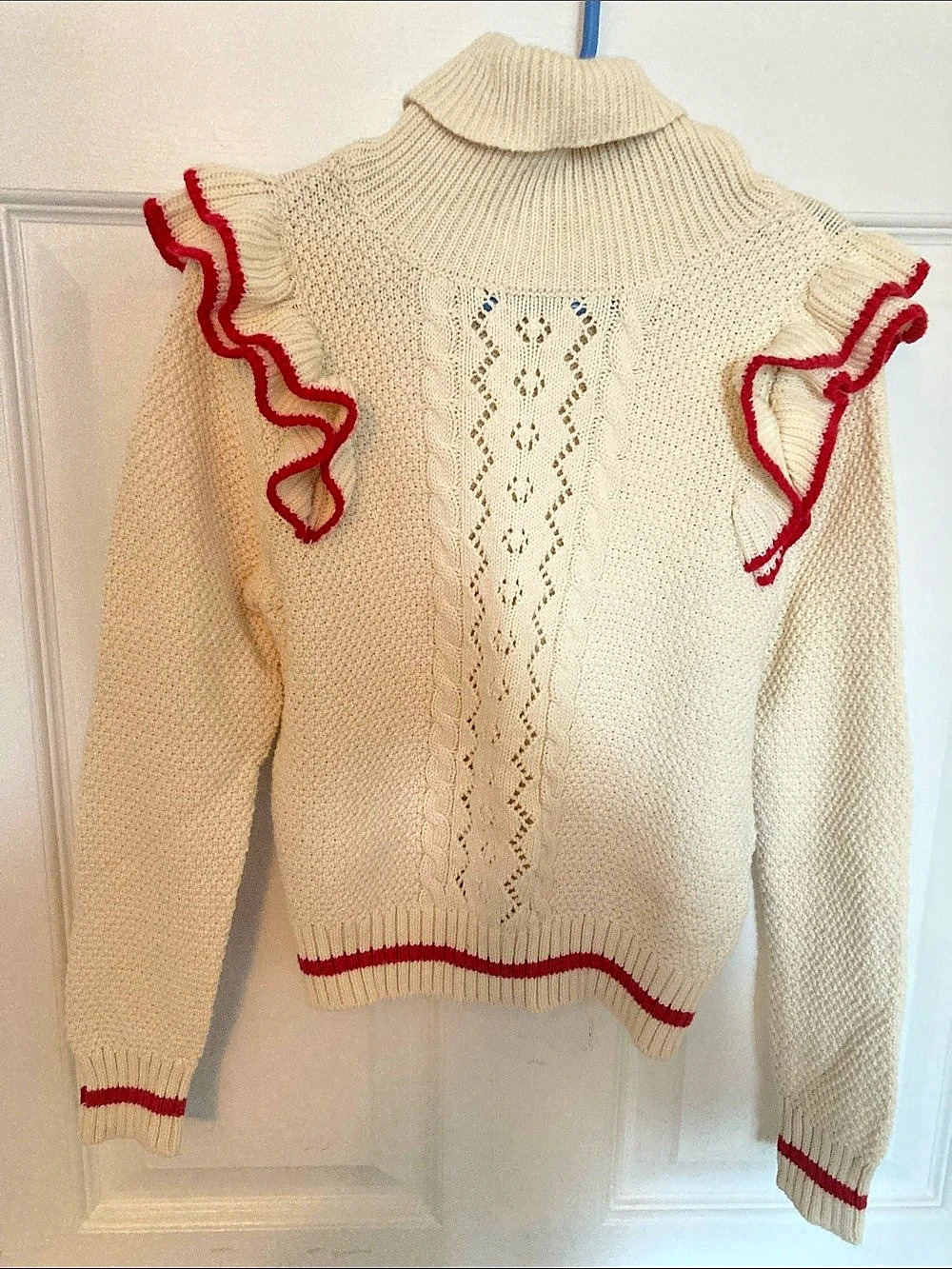 Mexx Kids Cable Knit Ruffle Sweater Girls Size 7 Cream & Red Like New